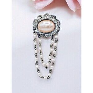 Victorian Swag Brooch Revival Faux Pearl Dangle Station Chain Estate Jewelry Pin